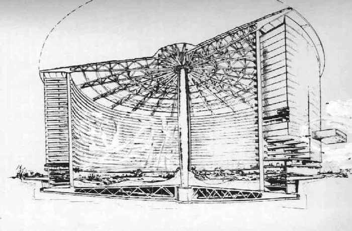 Schéma en coupe d'un des bâtiments cylindriques gigantesques (300m de diamètre pour 135m de haut). Les logements sont des sortes de boites amovibles en plastiques qui s'enfichent à la périphérie. Extrêmement grandes (deux niveaux intérieurs de 400 m² par boite), une boîte abrite un groupe de personnes désirant vivre ensemble (10 à 20).