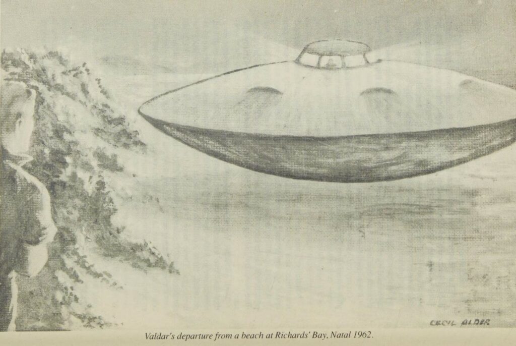 Dessin selon la description d'Edwin, du vaisseau de Koldas observé lors du départ de l'extraterrestre Valdar en 1962 dans la Baie Richard, dans la Natal, au Brésil.