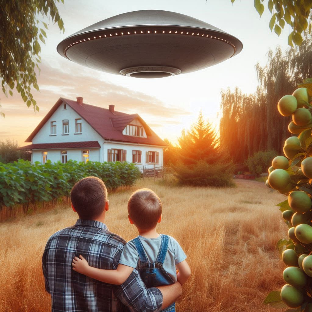 Rendu illustratif par IA de la première vision d'un engin spatial extraterrestre par Billy Meier enfant, avec son père