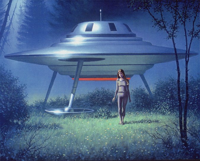 Illustration d'un atterrissage de Semjase avec son vaisseau à rayons "Beamship", allant vers Billy Meier
