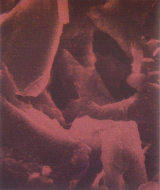 Zoom au microscope électronique sur un débris de métal extraterrestre donné par Quetzal le Pléiadien/Pléiarien à Billy Meier pour analyse