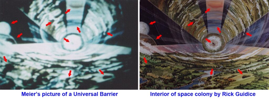 Photo à gauche du tunnel donnée par Billy Meier et colorisée (image en noir et blanc intiialement), à droite la source, qui fait dire aux gens que c'est une falsification de la photo de Billy Meier.