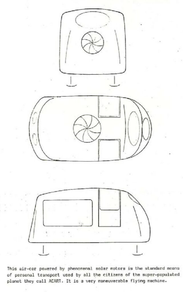 Le transport volant emprunté par Acorc et Artur, semblable aux innombrables du même genre utilisé par les Acartiens pour se déplacer de manière individuelle, livre de Wendelle Stevens