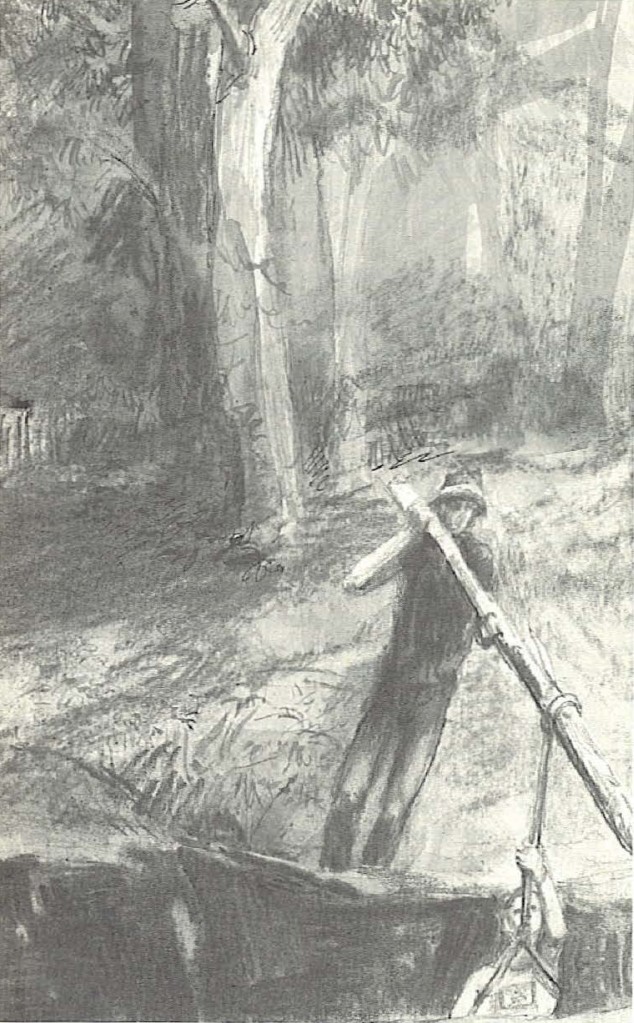 Le sauvetage de Zret l'extraterrestre de Norca, par Albert, avec un tronc d’arbre et une corde, provenant du livre de Albert Coe