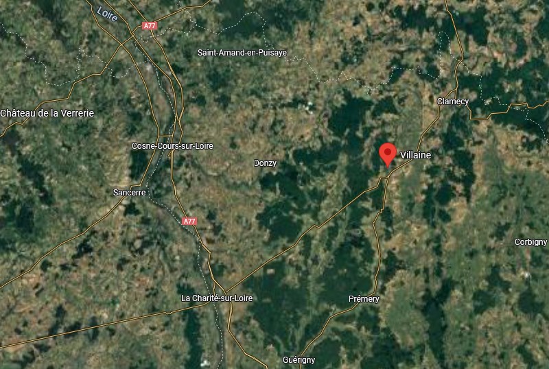 Lieu approximatif de l’enlèvement initial de 1944 qui dura 2 mois selon Emen Ys, à environ 40 km à l’Est de Cosne-sur-Loire en France (appelé maintenant Cosne-Cours-sur-Loire)