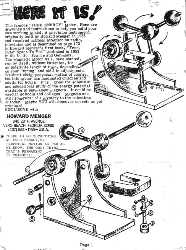 Page 1 - Extrait du document de Howard Menger expliquant le montage de son moteur magnétique