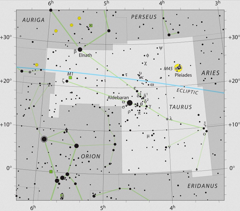 Carte du ciel avec la constellation du Taureau où se trouve Aldebaran