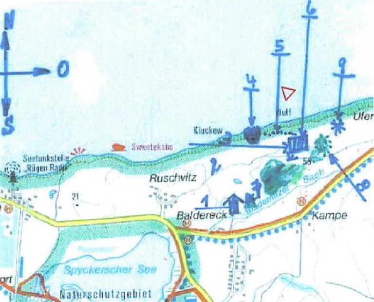 Lieux des contacts, marqués sur une carte dans le livre de Wendelle Stevens avec commentaires provenant du livre original en allemand