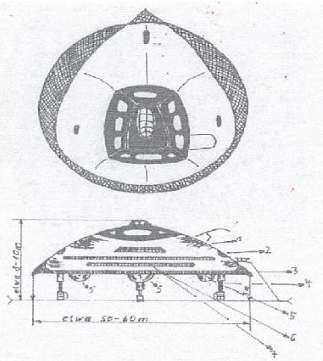Schéma du vaisseau extraterrestre de Arian de Aldebaran, depuis le livre de Wendelle Stevens, décrivant le vaisseau que Andreas a vu le 23 juillet 1957 et dans lequel il est monté. Ce vaisseau est décrit comme étant une navette de transport avec un équipage de 5 personnes, vers leur vaisseau mère. Les légendes de descriptions textuelles proviennent du livre original en allemand car elles n’étaient pas indiquées dans celui de Wendelle Stevens