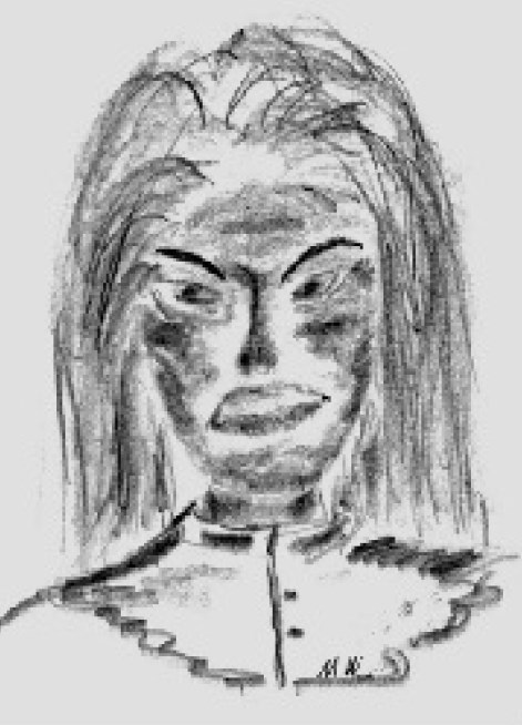 Dessin du livre original en allemand de Matin Wiesengrün qui représente la femme extraterrestre de Arian de 2,20m telle qu’observée (qui lui dira plus tard s’appeler Dagolo). La qualité du dessin ne rend pas justice au visage de cette femme décrit de manière plus avenante dans le texte, un autre dessin réalisé par de la même femme est disponible plus loin, en plus précis