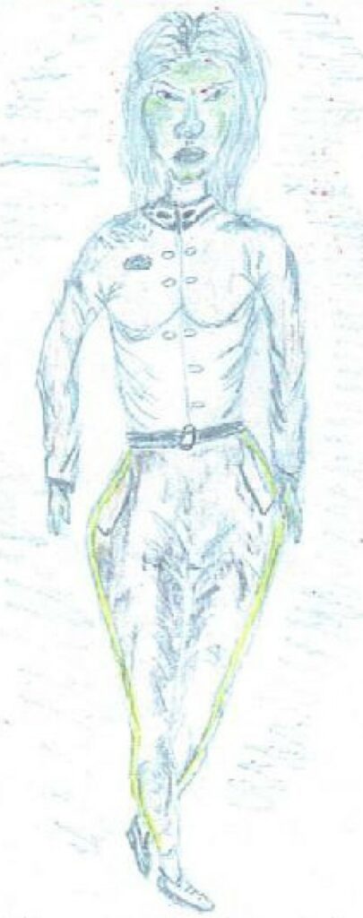 Apparence d’une femme extraterrestre de la planète Gne (planète distance d’environ 28 000 années-lumière) vue sur le vaisseau, avec un nez composé d’un unique bulbe avec un unique trou sur le dessous