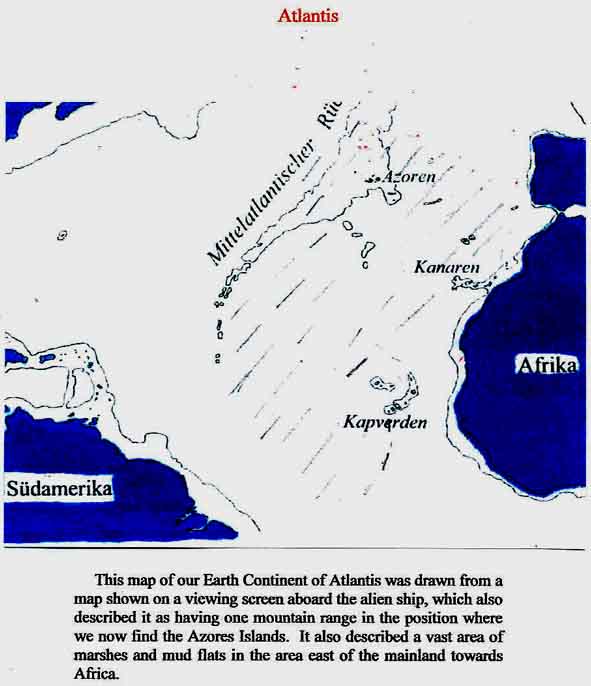 Cette carte du continent de l'Atlantide a été dessinée à partir d'une carte vue par Andreas à bord du vaisseau spatial sur l'écran de l'ordinateur qui lui projetait tout ceci. Elle montre une chaine montagneuse à l'endroit de ce qui est maintenant les îles des Açores. Andreas décrit une vaste zone de marais et de vasières dans la région du continent vers l'Afrique.