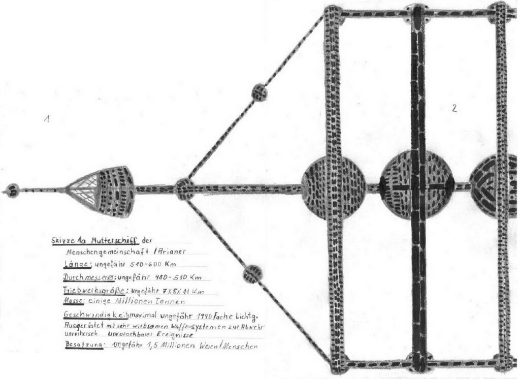Détail de la tête du vaisseau-mère provenant d’un dessin d’Andreas dans le livre de Wendelle Stevens