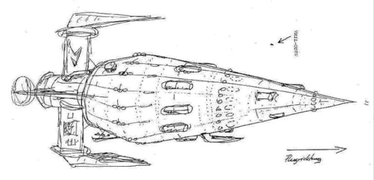 Schéma d'un vaisseau Aldebaran de la Vrill Society de Maria Orsic, image tirée du livre de Maximilian Lafayete. Une similarité générale semble apparaître avec les dessins de vaisseau faits par Andreas