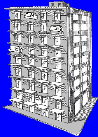 Version coloriée de l’immeuble d’habitation avec des engins volants posés sur des plate-formes, depuis le livre de Artur Berlet écrit en allemand