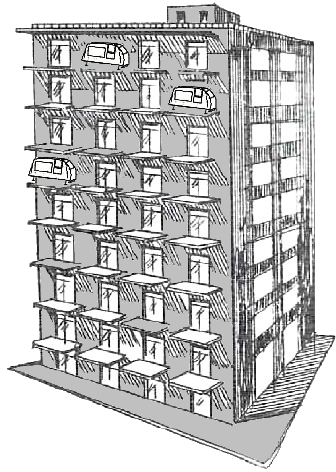 Version coloriée de l’immeuble d’habitation avec des engins volants posés sur des plate-formes, depuis le livre de Artur Berlet écrit en allemand