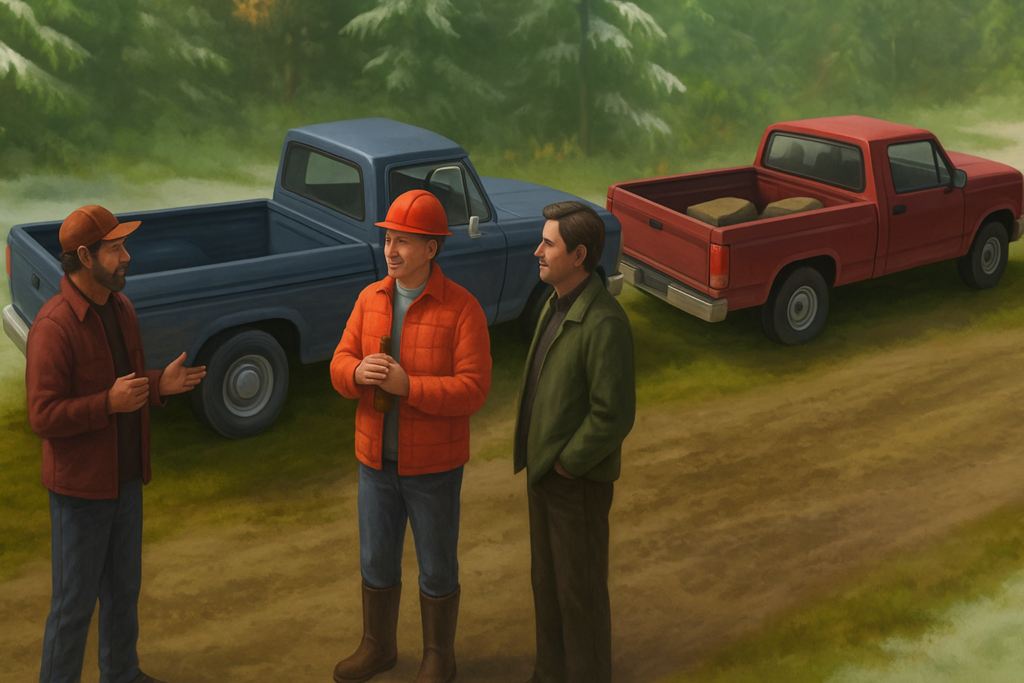 Carl Higdon discutant avec d’autres chasseurs rencontrés alors qu’il allait vers le Canyon McCarthy.<br>Image fictive générée par IA selon description de la scène et basée sur un dessin tiers comme modèle.