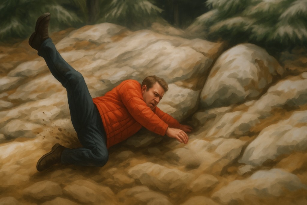 Carl Higdon désorienté qui vient juste d’arriver au sol depuis une descente en lévitation du vaisseau dans la forêt, glisse sur un rocher et tombe, se faisant vraiment mal à l’épaule.<br>Image fictive générée par IA selon description de la scène et basée sur un dessin tiers comme modèle.