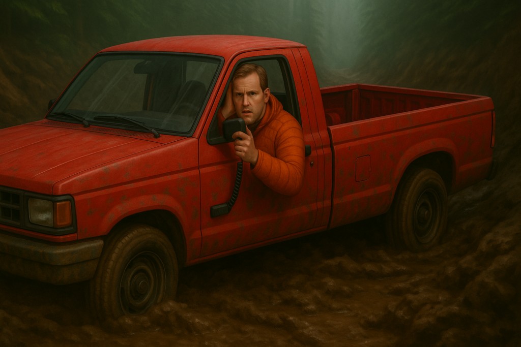 Carl Higdon désorienté qui vient juste d’arriver dans son pickup embourbé dans un ravin marécageux inaccessible, qui parle à la CB pour appeler au-secours.<br>Image fictive générée par IA selon description de la scène.