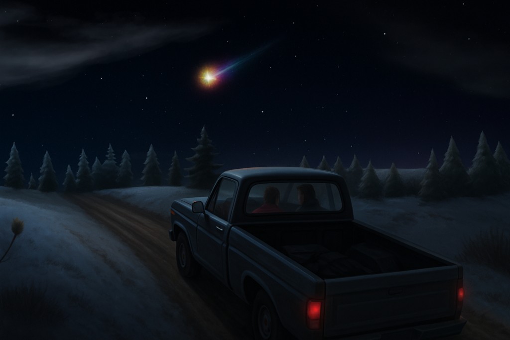 Marily, Don et Margery  observent une lumière changeant de couleur dans le ciel et pulsant pendant 20 minutes, depuis leur pick up, en attente d’un appel du Sheriff concernant Carl.<br>Image fictive générée par IA selon description de la scène et basée sur un dessin tiers comme modèle.