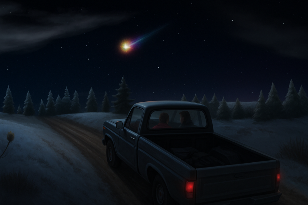 Marily, Don et Margery  observent une lumière changeant de couleur dans le ciel et pulsant pendant 20 minutes, depuis leur pick up, en attente d’un appel du Sheriff concernant Carl.<br>Image fictive générée par IA selon description de la scène et basée sur un dessin tiers comme modèle.