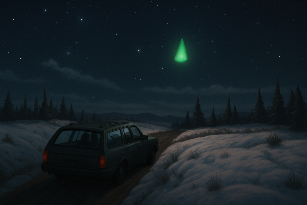 Carl Higdon et sa famille dans leur voiture de nuit, au point de rendez-vous que Carl avait reçu de manière télépathique pour un contact, mais ils sont arrivés trop tard. Ils ont observé un engin lumineux en forme de cône vert dans le ciel.<br>Image fictive générée par IA selon description de la scène et basée sur un dessin tiers comme modèle.