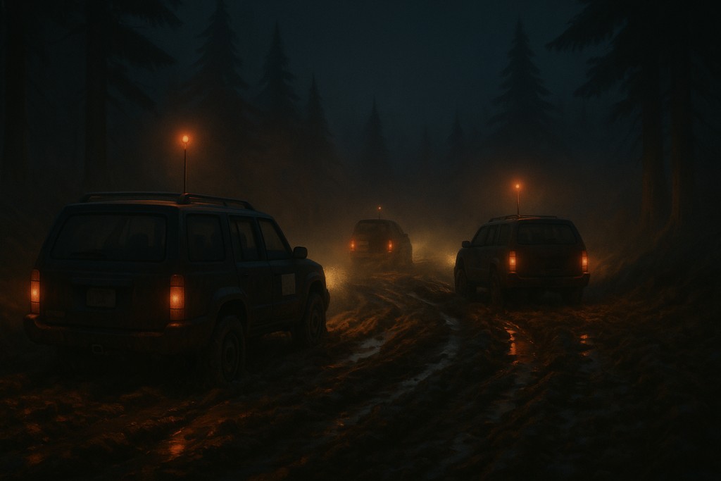 Recherches de Carl Higdon par des patrouilles, de nuit dans la forêt boueuse.<br>Image fictive générée par IA selon description de la scène.