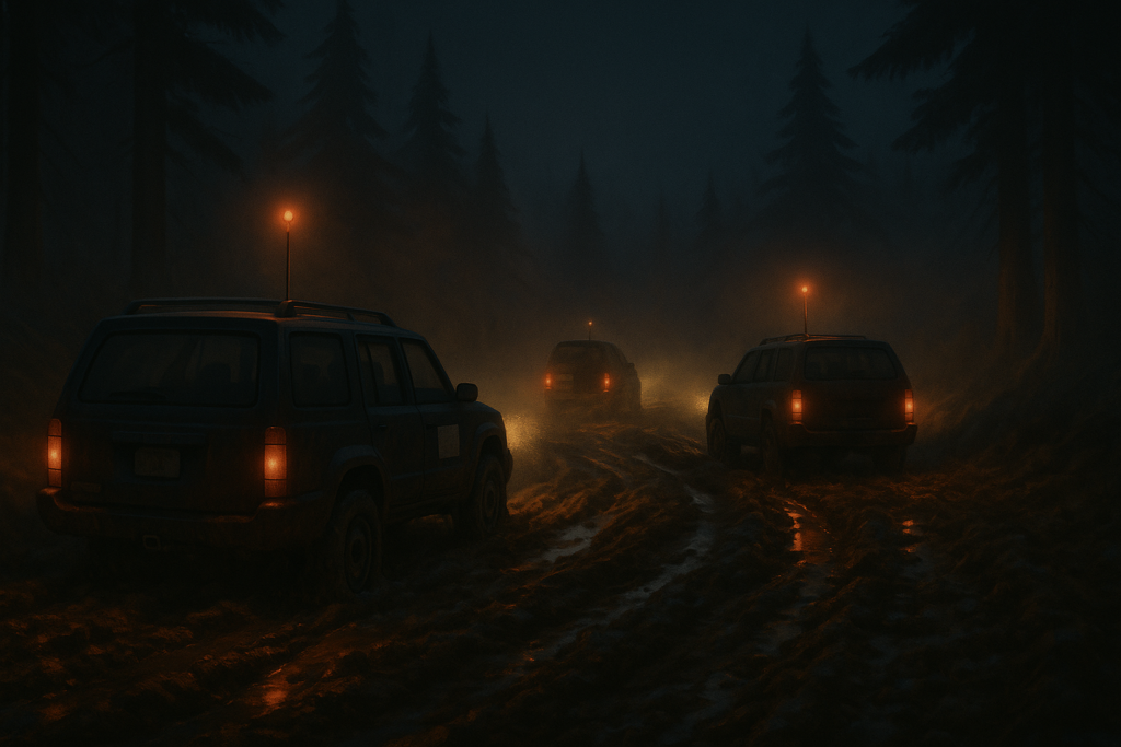 Recherches de Carl Higdon par des patrouilles, de nuit dans la forêt boueuse.<br>Image fictive générée par IA selon description de la scène.