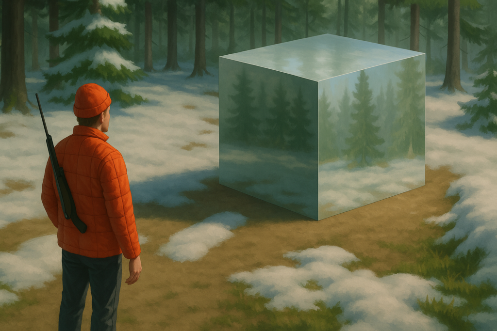 Carl Higdon voit le cube de verre désigné par l’être bizarre flottant en combinaison noire.<br>Image fictive générée par IA selon description de la scène et basée sur un dessin tiers comme modèle.