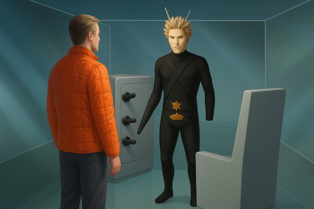 Carl Higdon avec Ausso One dans le vaisseau cube où il a été ramené pour son retour.<br>Image fictive générée par IA selon description de la scène et basée sur un dessin tiers comme modèle.