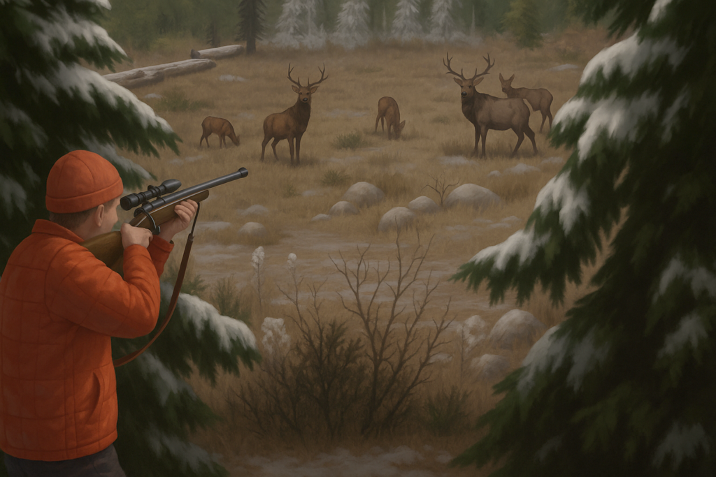 Carl Higdon vise avec son fusil un des 5 élans, dans la forêt.<br>Image fictive générée par IA selon description de la scène et basée sur un dessin tiers comme modèle.