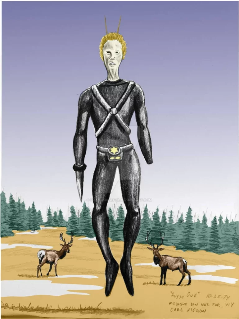 Voici un autre dessin de l'être extraterrestre qui sera réalisé plus tard par un dessinateur, avec de la couleur.