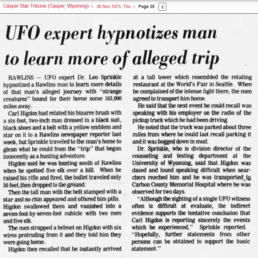 Article du 6 novembre 1975 dans le « Casper Star-Tribune » du Myoming, page 25
