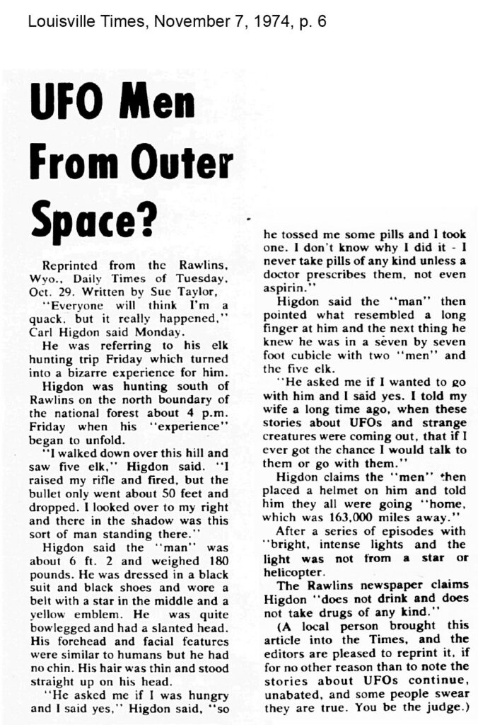 Article dans « Louisville Times », 7 novembre 1974, page 6 (moins de 15 jours après le contact), en réimpression de l’article identique par dans le « Daily Times de Rawlins » du 29 octobre 1974
