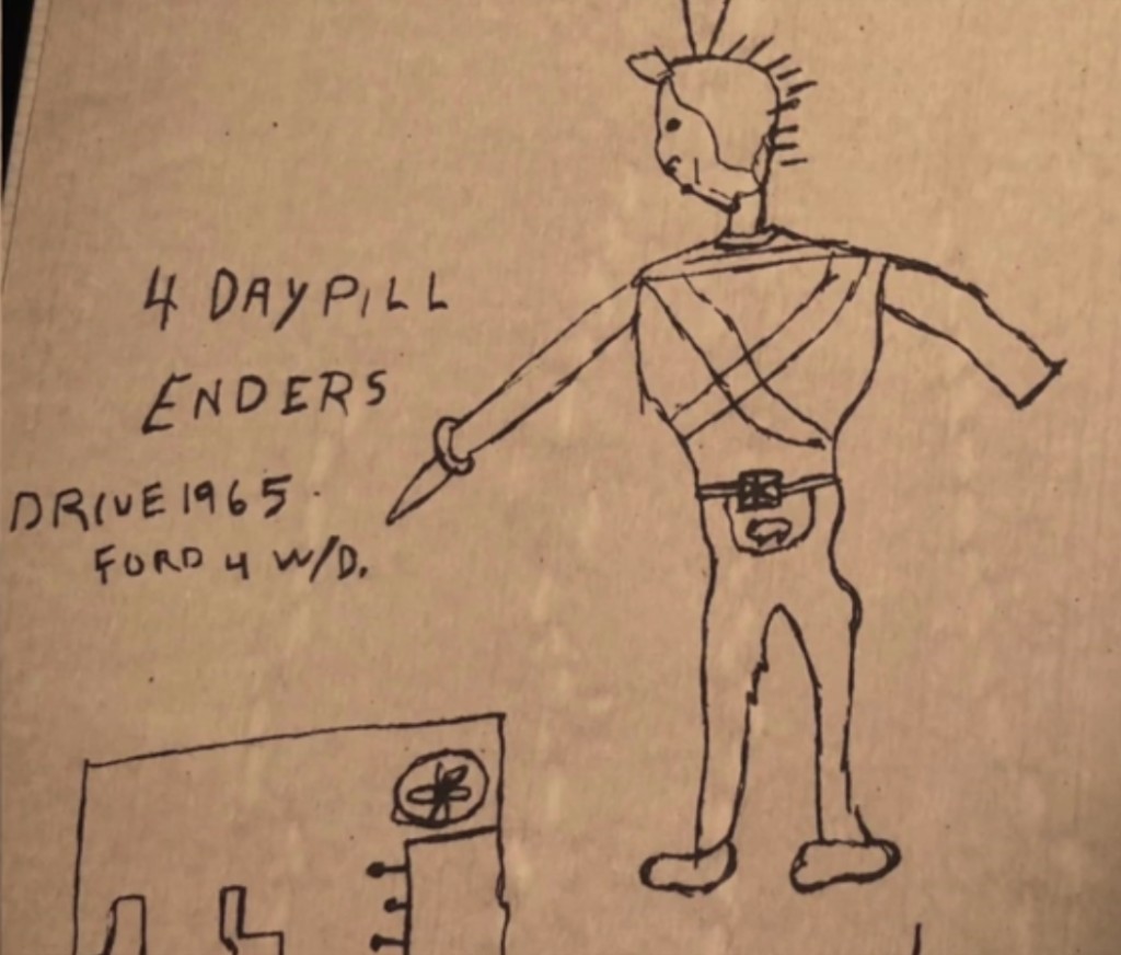 Dessin et notes faits par Carl Higdon à l’hôpital le 26 octobre 1974, partie haute du dessin en bonne qualité.