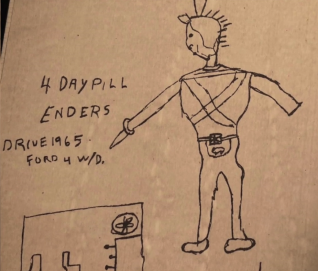 Dessin et notes faits par Carl Higdon à l’hôpital le 26 octobre 1974, partie haute du dessin en bonne qualité.