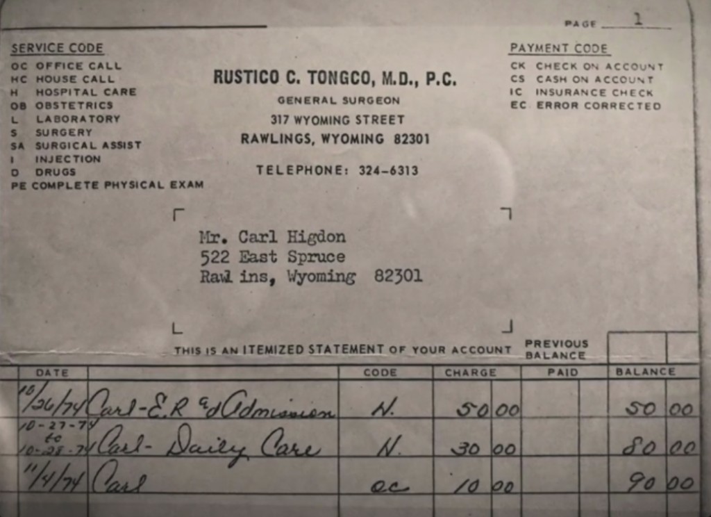 Facture d’ordonnance du Dr Tongco qui s’est occupé de Carl Higdon aux urgences le matin du 26 octobre 1974.