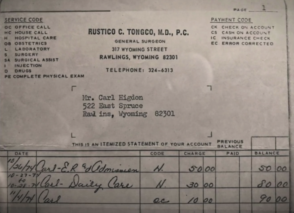 Facture d’ordonnance du Dr Tongco qui s’est occupé de Carl Higdon aux urgences le matin du 26 octobre 1974.