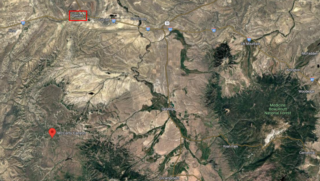 Canyon McCarthy dans le Wyoming, où Carl Higdon vers où il est d’abord allé, pour y rencontrer d’autres chasseurs qui lui ont suggéré d’aller plutôt au nord de la forêt de Medicine Bow (forêt nationale)