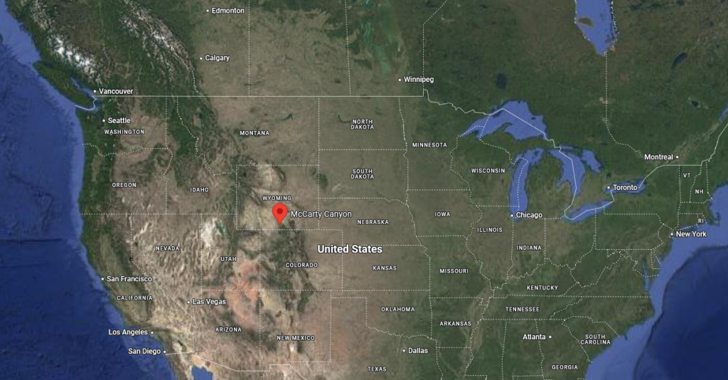 Situation du Wyoming aux USA, avec emplacement du Canyon McCarthy