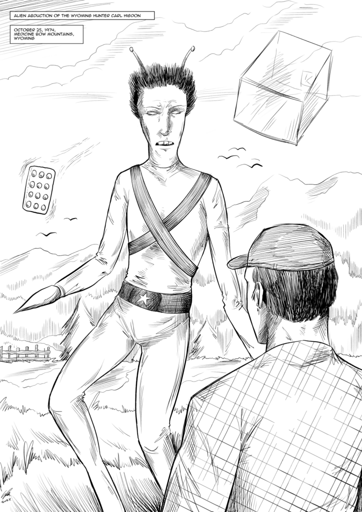 Une représentation d’artiste de la scène de la rencontre de Carl Higdon avec l’humanoïde en combinaison noire.