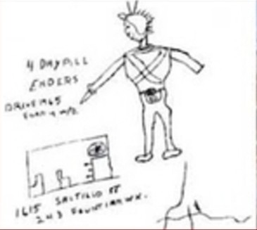Dessin fait par Carl Higdon, avec le dessin de l’intersection en bas à droite, et les adresses en bas à gauche, mauvaise qualité de scan récupéré.