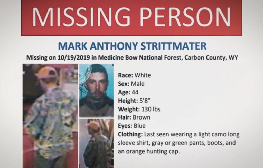 Avis de disparition du chasseur Mark Anthony Strittmater le 19 octobre 2019 dans la forêt nationale de Medicine Bow dans le comté de Carbone, même endroit que là où Carl Higdon a fait sa rencontre extraterrestre.
