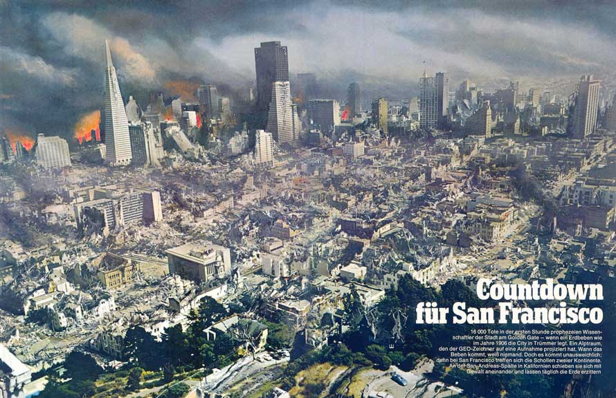 Lors du 104ème contact de Billy Meier il prit une photo dans son voyage dans le temps avec les pléiadiens, d’une scène quasi identique à ce dessin du magazine Geo concernant un futur tremblement de terre à San Francisco qui diviserait le Transamerica Building (pyramide) en deux.