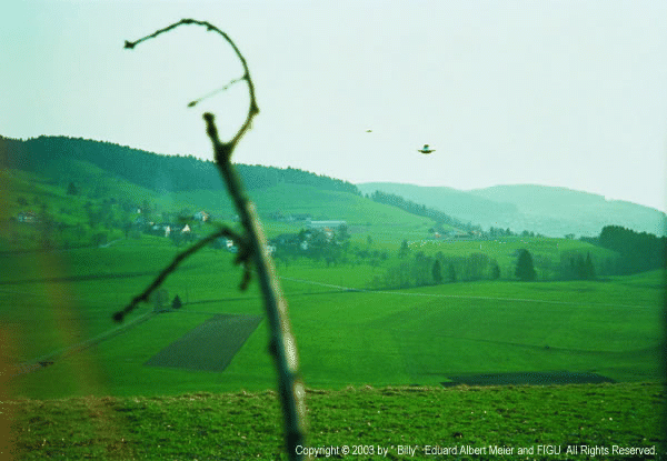 Photo du 28/03/1976 de Billy Meier, qui montre un vaisseau de type 3, et un avion qui passe derrière. Elle servira parmi les tests effectués sur la distance et la cohérence dans la lumière, les réflexions et les distances comparatives entre l'avion et le vaisseau.