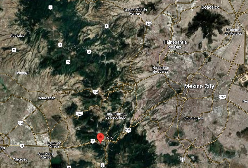 Localisation de l’ININ (Institut national de recherche nucléaire au Mexique) où travaillait Hernandez, à La Marquesa, situé à environ 30km au sud-ouest du centre de Mexico.