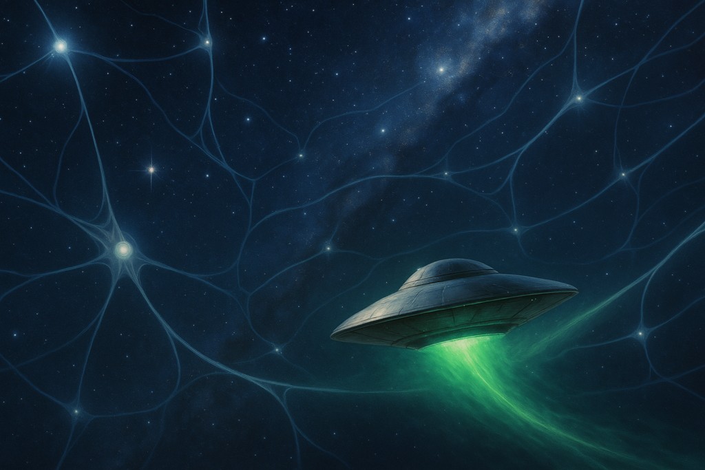 Image illustrative générée par IA : un vaisseau va rejoindre un des filaments énergétiques de courant magnétique reliant les étoiles entre elles pour se placer dedans et être propulsé par lui.