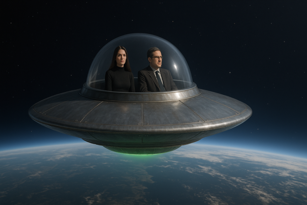Image illustrative générée par IA : Lya et le professeur Hernandez sont dans le petit vaisseau d'exploration de Lya et voient la Terre depuis une orbite, par le dôme.