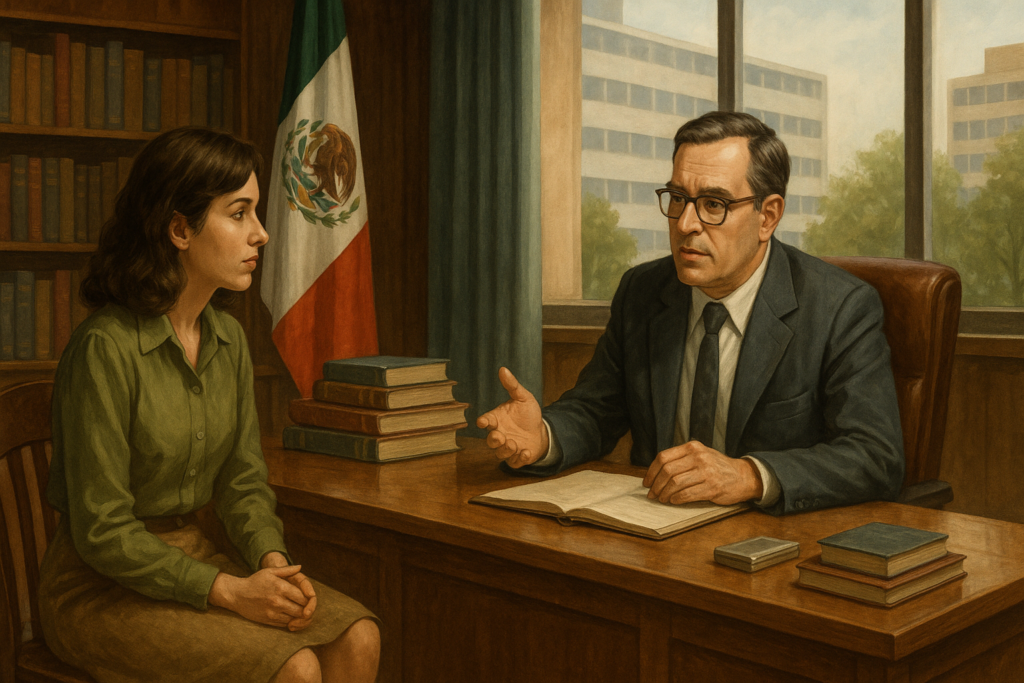 Illustration générée par IA : Zitha Rodriguez rencontre le professeur Hernandez dans son bureau à l'ININ. Il la reçoit (en tant que directeur ?) car elle veut rencontrer quelque de l'institut.