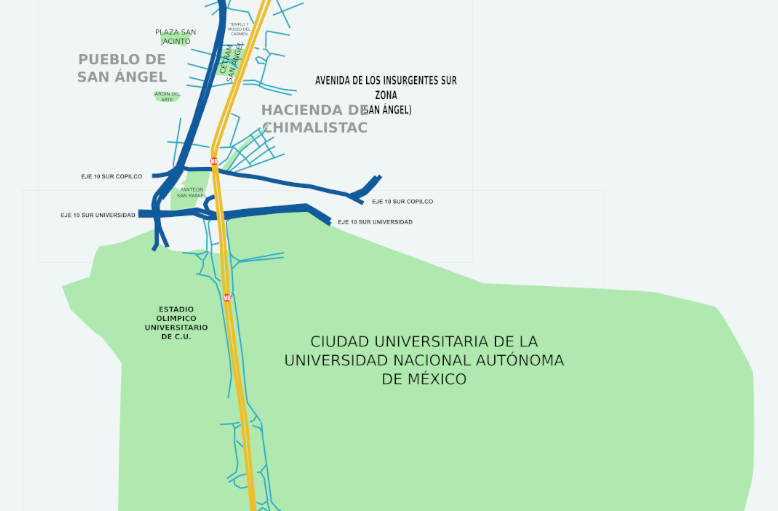 Avenue Insurgentes en orange, traversant la cité universitaire de l'UNAM à Mexico.